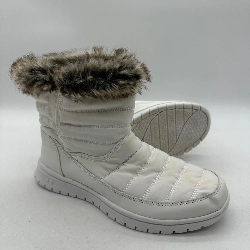 Ryka Womens 8.5M Suzy White Quilted Puffer Faux Fur Trim Winter Ankle Snow Boots